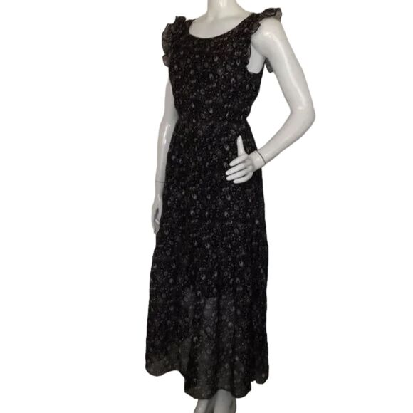 new LE RAGAZZE Maxi Dress, XS, Black, White/brown floral print, Ruffle shoulder - Picture 4 of 12